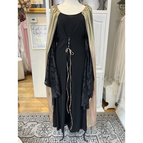 Shakespearian Dress Costume Black Ponte Knit Silk Cape Long Sleeves Front Tie M - Picture 3 of 9